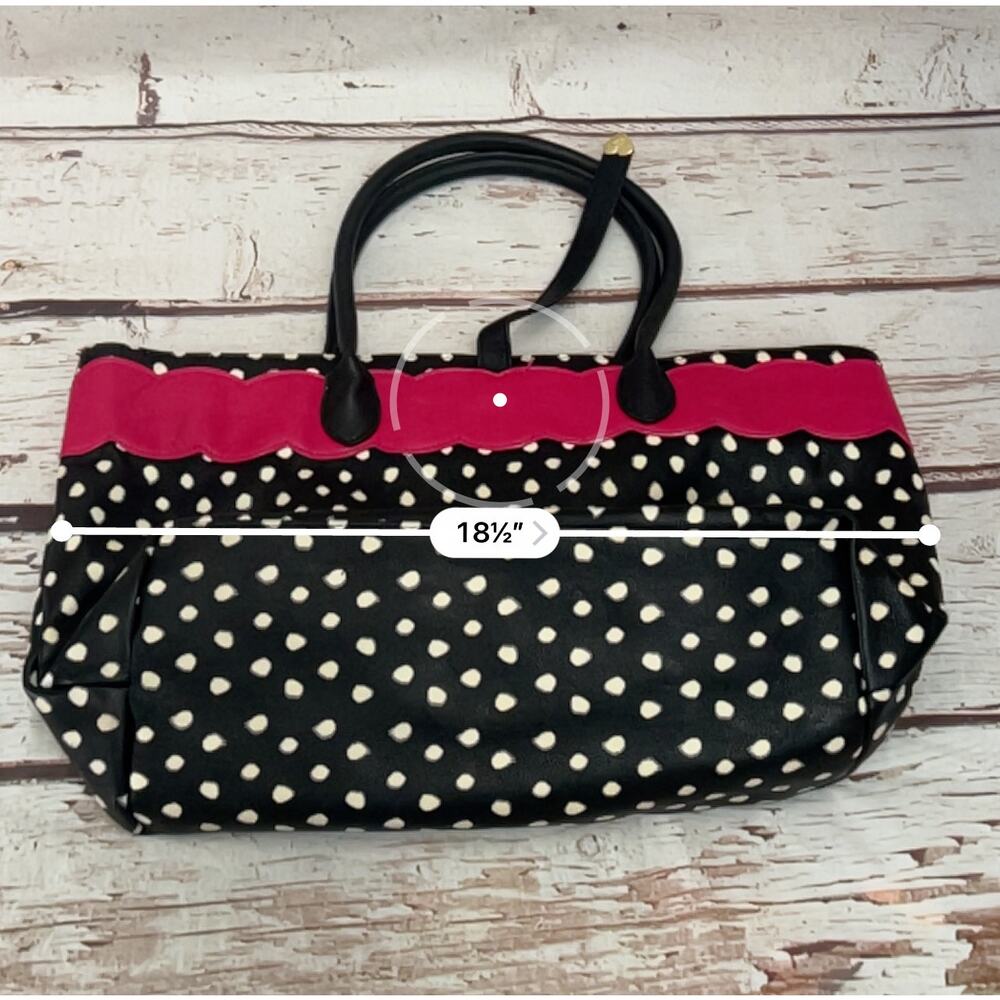 BETSEY JOHNSON Black White Polka Dot Tote Bag Pink Scalloped Trim Bow Large - Picture 9 of 12